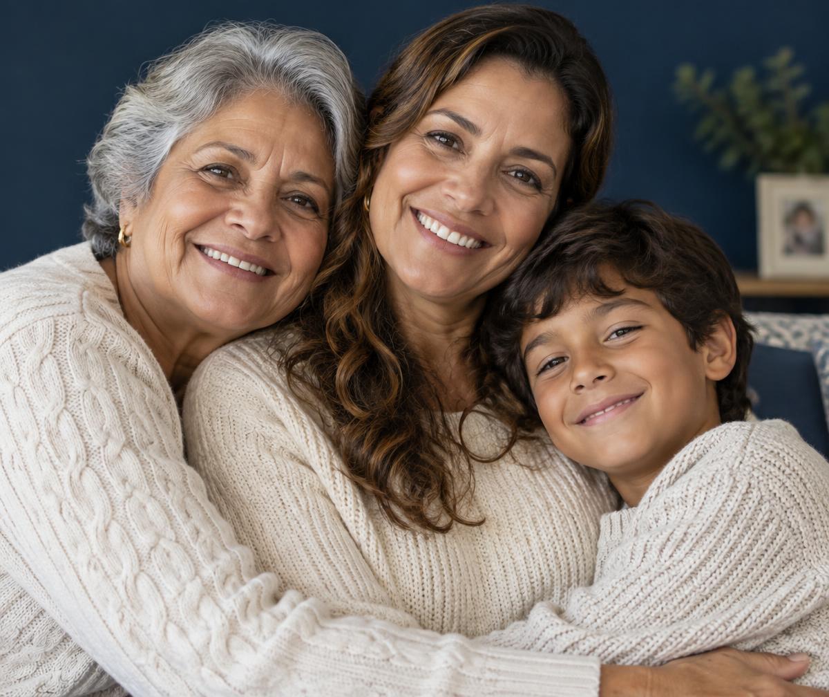 Família abraçada e sorrindo